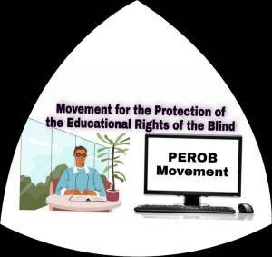 இடது: பார்வையற்ற ஒருவர் பிரெயில் படித்துக்கொண்டிருக்கிறார். வலப்பக்கம் உள்ள கணினித்திரையில் PEROB Movement என எழுதப்பட்டுள்ளது.