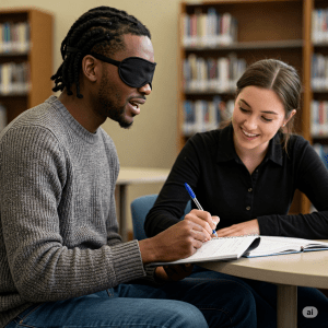 பார்வையற்றவர் சொல்லச் சொல்லப் பார்வையுள்ளவர் எழுதுவதான சித்தரிப்புப் படம்