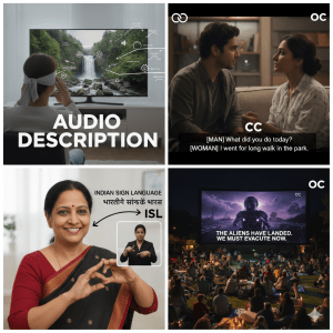 இந்த உருப்படம் நான்கு பகுதிகளாகப் பிரிக்கப்பட்டு, ஊடகங்களில் அணுகல்தன்மையின் (accessibility) பல்வேறு அம்சங்களை விளக்குகிறது:
1. மேல் இடது பகுதி: இந்தப் பிரிவில் ஒரு நபர் தொலைக்காட்சியின் முன் அமர்ந்திருக்கிறார். திரையில் ஒரு நீர்வீழ்ச்சியின் அழகான காட்சி தெரிகிறது. அந்த நபர் ஒரு ரிமோட் கண்ட்ரோலைப் பயன்படுத்துகிறார்; திரையில் உள்ள சில குறியீடுகள் 'ஆடியோ டிஸ்கிரிப்ஷன்' (audio description) தொடர்பான அம்சங்களைக் காட்டுகின்றன. இயற்கைக்காட்சியின் பசுமை நிறங்கள் இதில் முதன்மையாக உள்ளன.
2. மேல் வலது பகுதி: இந்தக்காட்சி ஒரு வசதியான உட்புற சூழலில் (வரவேற்புரை போன்ற இடத்தில்) ஒரு ஆணும் பெண்ணும் உரையாடுவதைக் காட்டுகிறது. அந்த மனிதர் கருப்பு நிறச் சட்டையும், பெண் வெளிர் நிற மேலாடையும் அணிந்துள்ளனர். அவர்களின் உரையாடல் திரையின் கீழே வசனங்களாக (subtitles) இடம்பெற்றுள்ளன.
3. கீழ் இடது பகுதி: இந்தப் பிரிவில், ஒரு பெண் இந்திய சைகை மொழியில் (ISL) ஒரு சைகையைச் செய்கிறார். அவரது கைகள் தெளிவாகத் தெரியும் வகையில் இது காட்டப்பட்டுள்ளது. அவர் பாரம்பரிய புடவை அணிந்து, இந்திய சைகை மொழியைப் பற்றி கற்பிப்பது அல்லது தகவல் பகிர்வது போல் தோன்றுகிறது. அதன் அருகில் "INDIAN SIGN LANGUAGE" மற்றும் "ISL" என்ற உரைகள் இடம் பெற்றுள்ளன.
4. கீழ் வலது பகுதி: இந்தப் பகுதியில், ஒரு பெரிய வெளிப்புறத் திரையில் வேற்று கிரகவாசி தோன்றும் ஒரு அறிவியல் புனைகதை காட்சி ஓடுகிறது. ஒரு புல்வெளியில் கூடியிருக்கும் மக்கள் கூட்டமாக அமர்ந்து அதை ரசிக்கிறார்கள். சிலர் தின்பண்டங்கள் மற்றும் பானங்களை அருந்தியபடி உற்சாகமாகப் பார்க்கிறார்கள். இது ஒரு சமூகமாக ஒன்றிணைந்து பார்க்கும் சூழலை வலியுறுத்துகிறது.